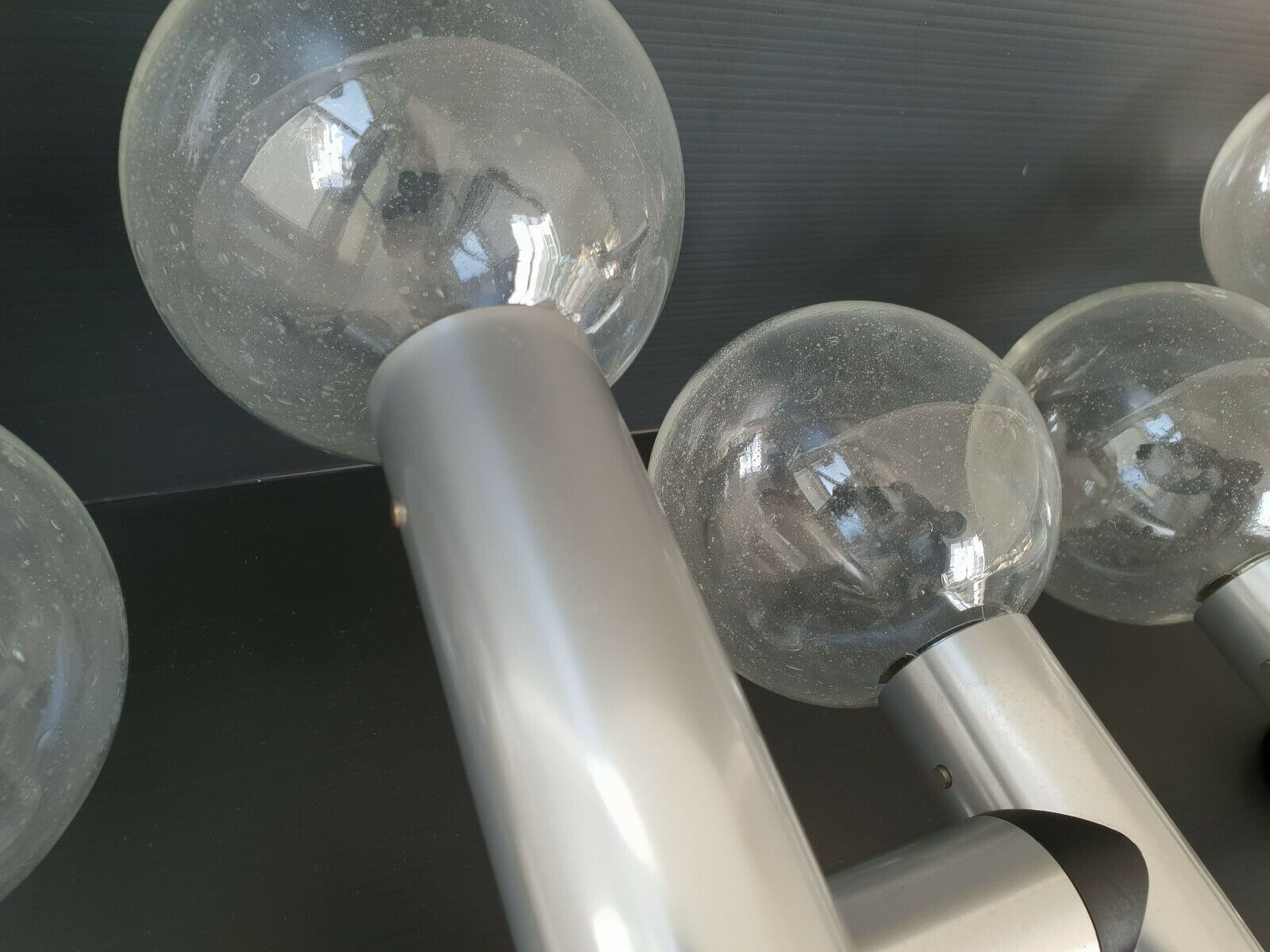 Pair Of Vintage Sconces 1970 In Brushed Steel & Glass 70s 1970s Space Age photo Lighting