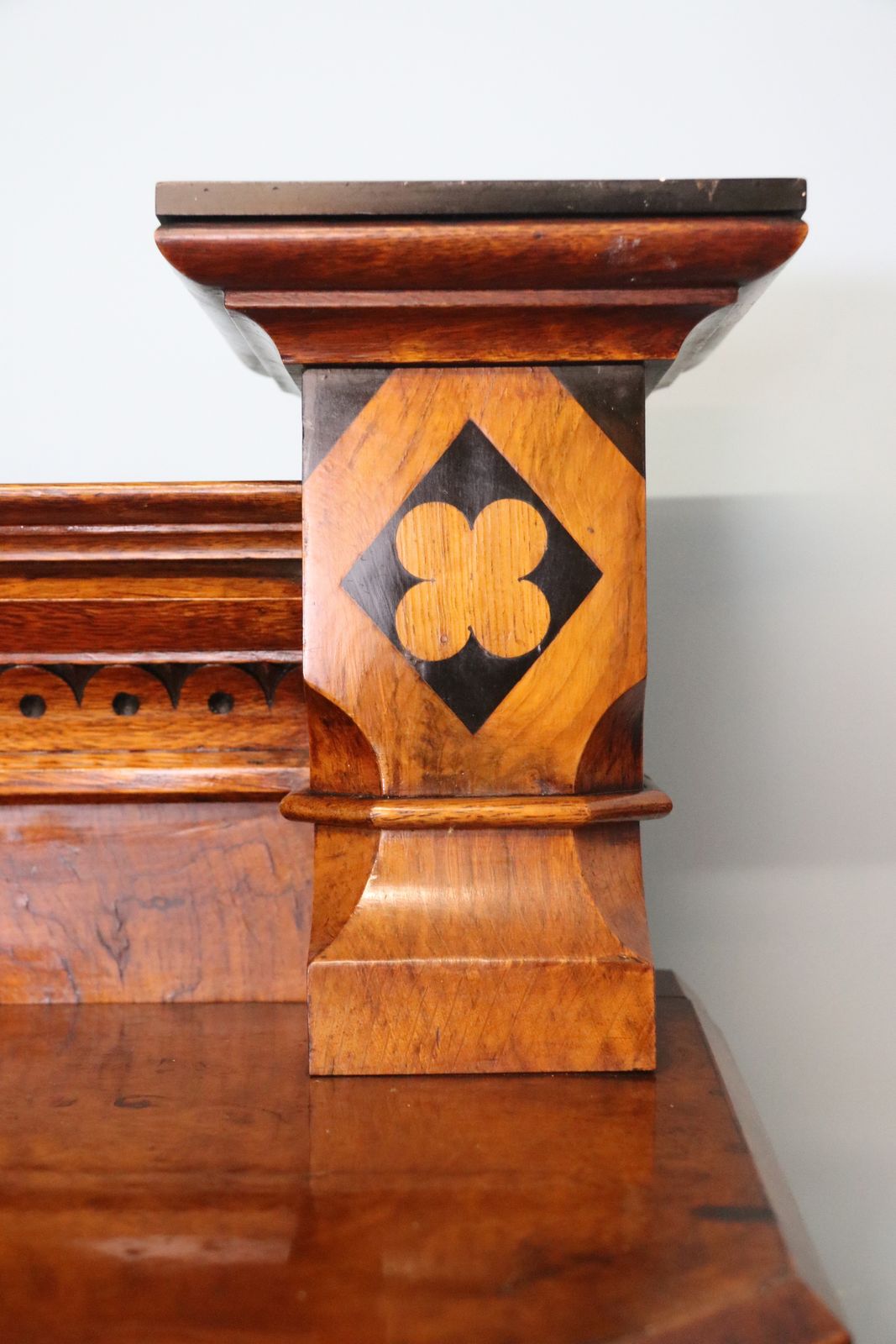 photo for sale Victorian Pollard Oak And Specimen Wood Inlaid Mirror Back Sideboard In The Gothic Revival Style.