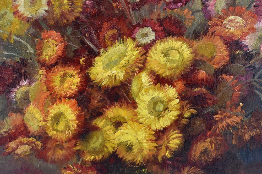 Flowers Paintig, Red Daisies, Oil On Canvas, 19th Century.  (Qf155) photo for sale