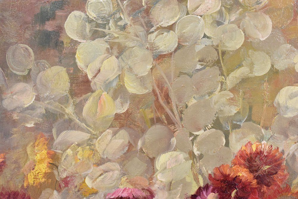 Flowers Paintig, Red Daisies, Oil On Canvas, 19th Century.  (Qf155) photo 2800.0