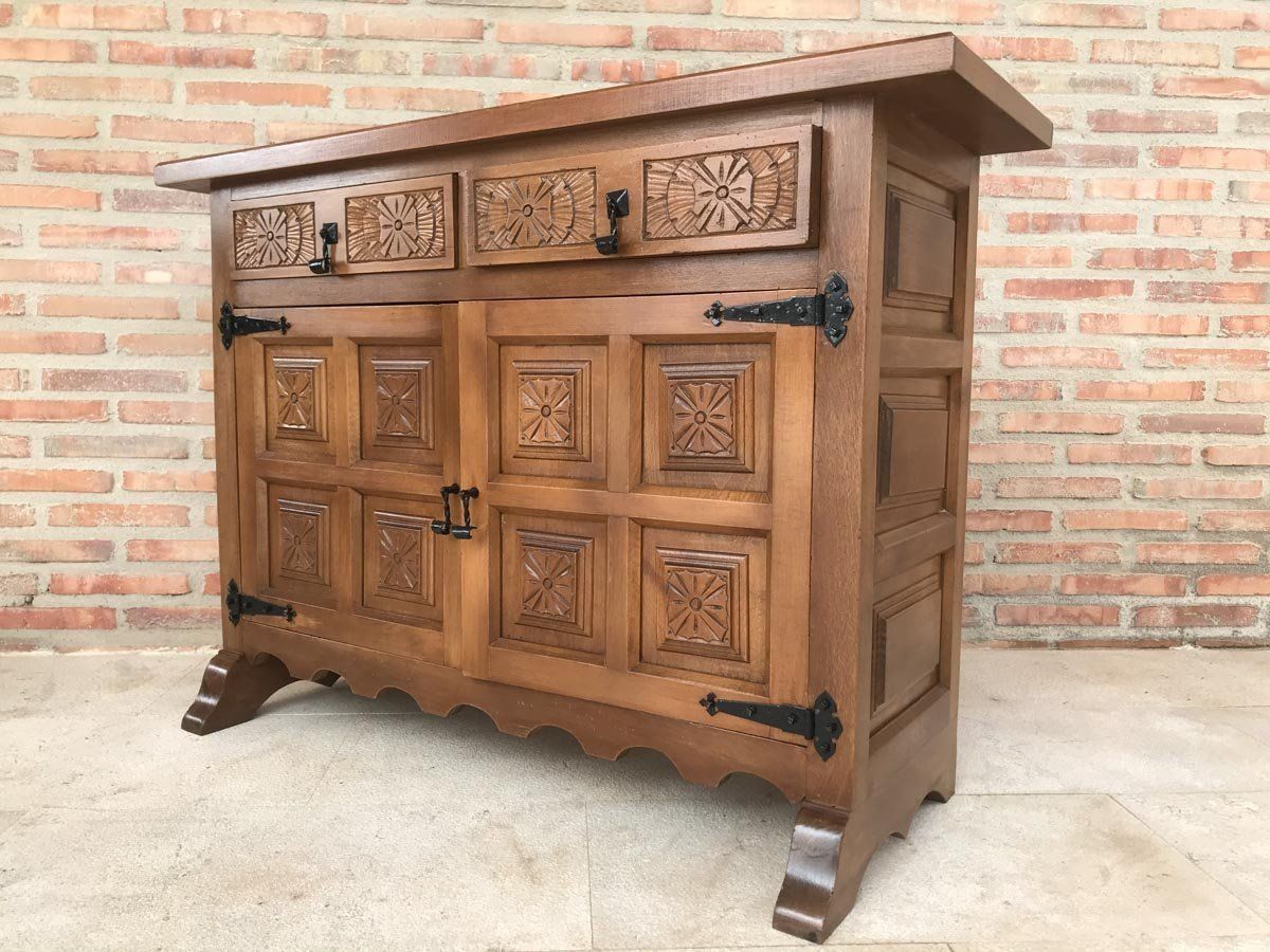 Spanish Carved Dark Walnut Tuscan 2 Drawer Credenza, 1940s photo 1447.0