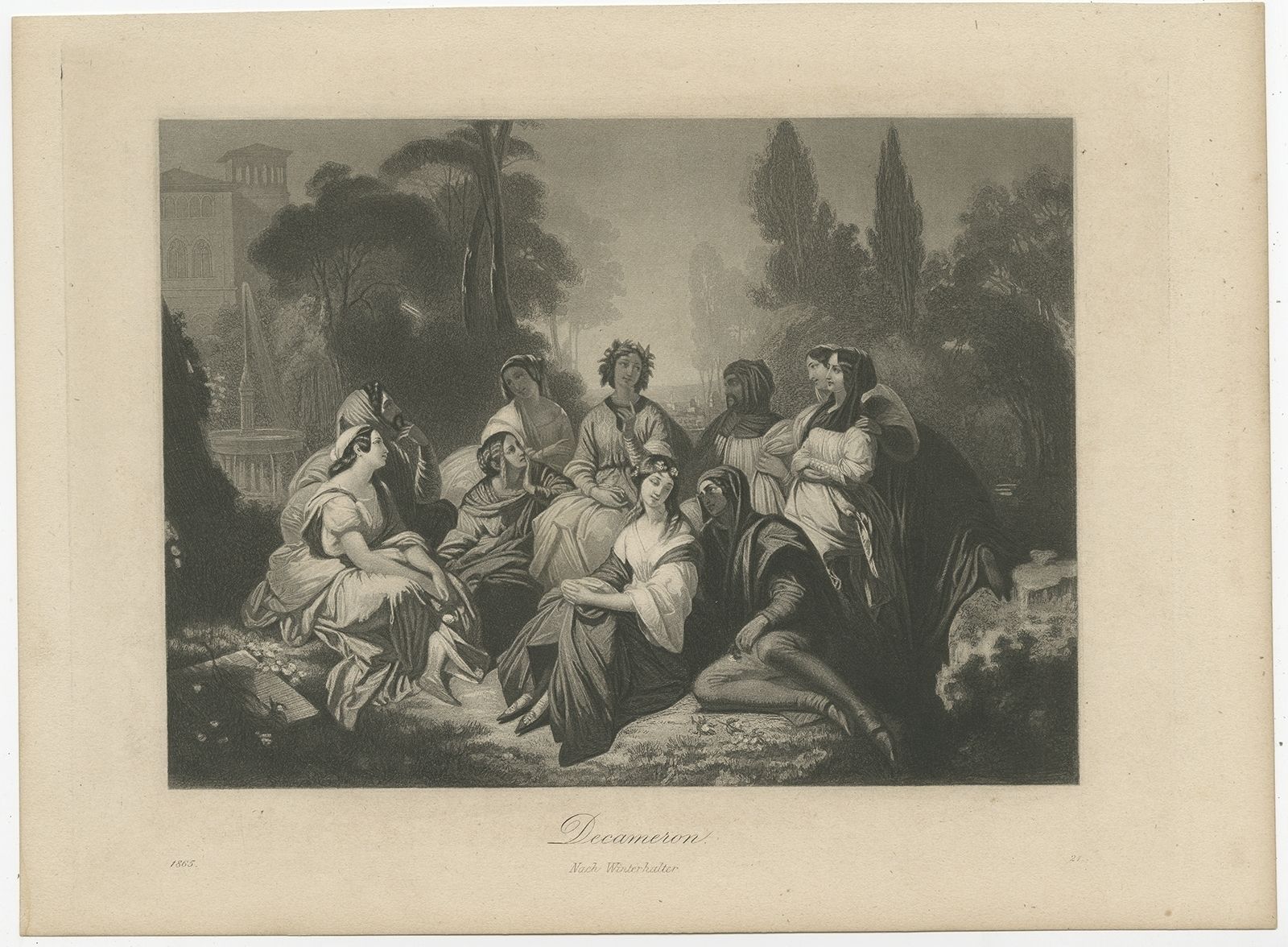 Antique Print Of The Painting 'Decameron' Made After Winterhalter (1865)