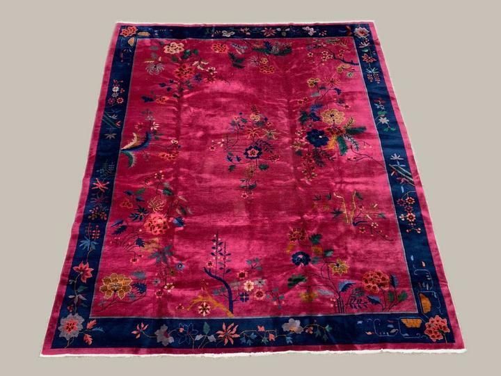 Large Chinese Art Deco Carpet, 290x245 Cm, 1920s Wool, Handmade, Pink Blue Rug photo for sale