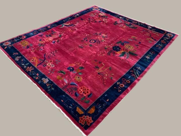 Large Chinese Art Deco Carpet, 290x245 Cm, 1920s Wool, Handmade, Pink Blue Rug photo Textiles