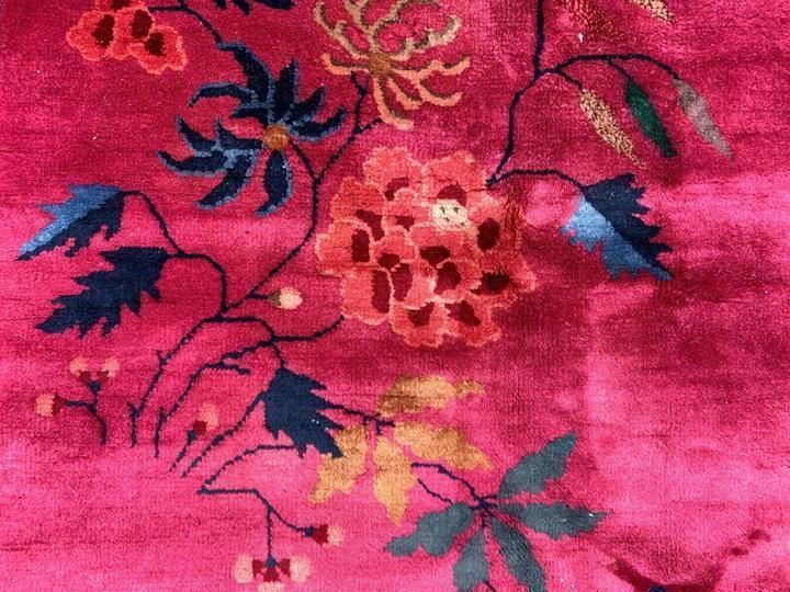 Large Chinese Art Deco Carpet, 290x245 Cm, 1920s Wool, Handmade, Pink Blue Rug photo vinterior