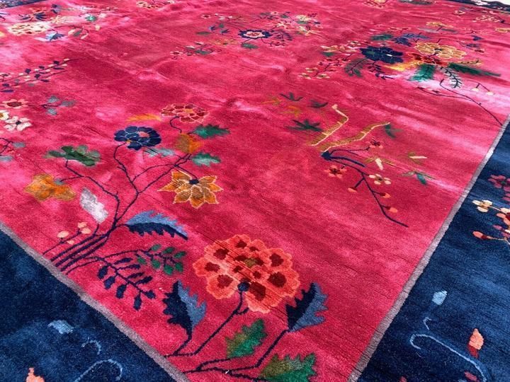 photo furniture Large Chinese Art Deco Carpet, 290x245 Cm, 1920s Wool, Handmade, Pink Blue Rug