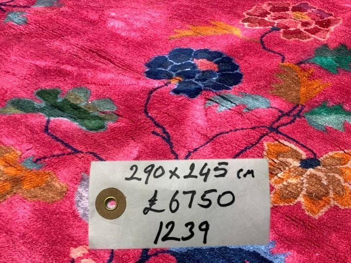 photo for sale Large Chinese Art Deco Carpet, 290x245 Cm, 1920s Wool, Handmade, Pink Blue Rug