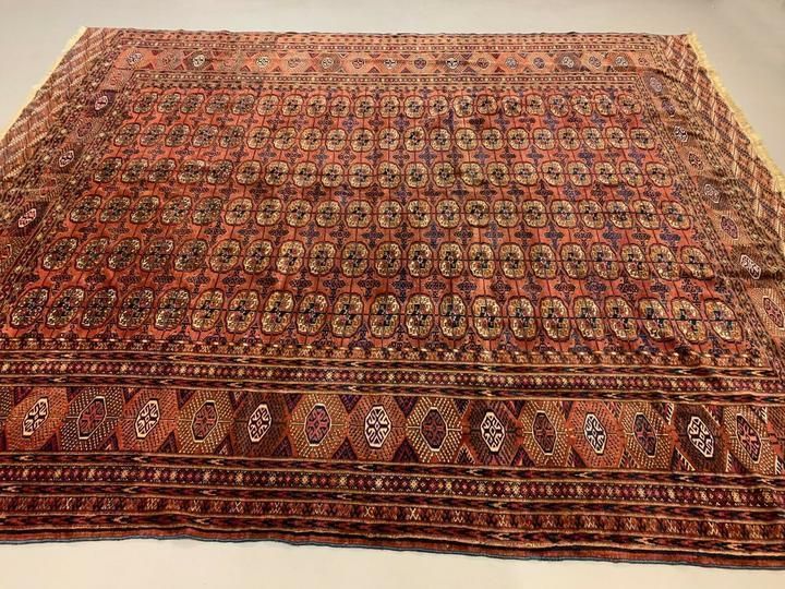 Antique Turkmen Tekke Main Carpet, 290x240 Cm Turkoman Bokhara Red Black Beige photo for sale