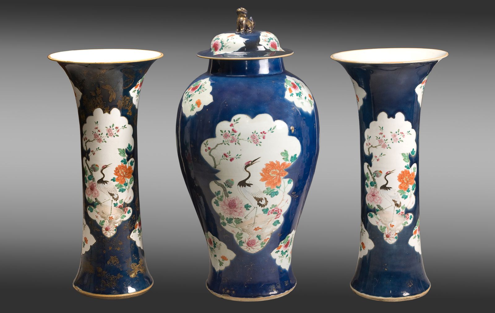 Set Of Two Trumpet Vases And One Covered Jar. Kieng Lung Period (1735 1795)