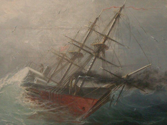 Boat In Marine Storm In Oil On Panel By Julien (81,5x51) photo Art