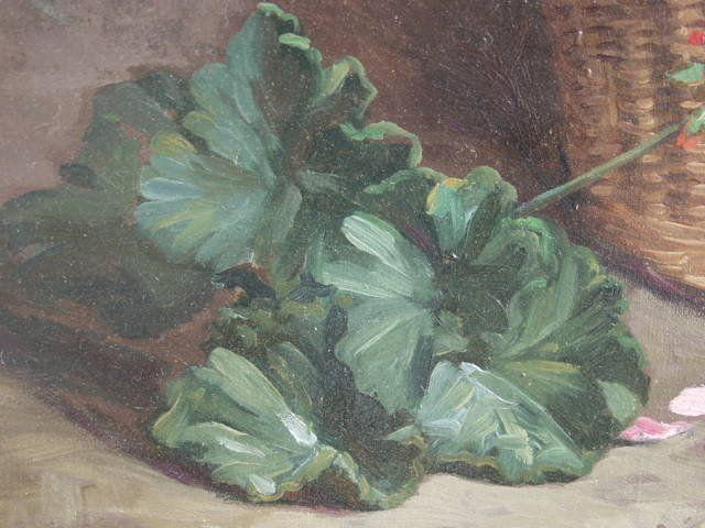 Oil On Canvas Signed A Dorez Representing A Basket Of Geranium photo vintage