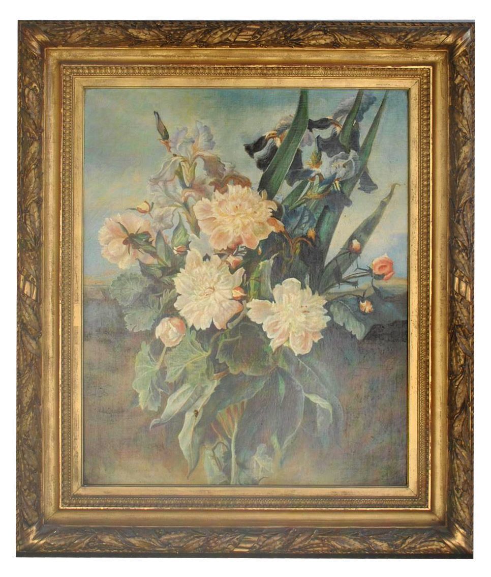 Oil Painting Landscape Bouquet Of Flowers Late 19th Century 2