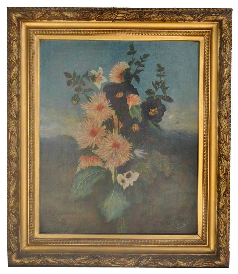 Oil Painting Landscape Bouquet Of Flowers Late 19th Century photo for sale