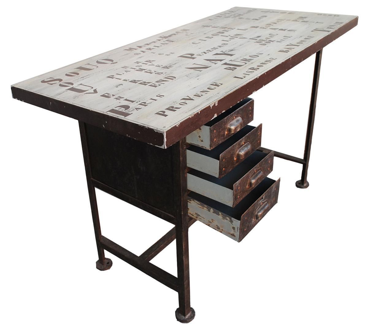 Brushed Iron Industrial Style Desk And Poached Inscriptions