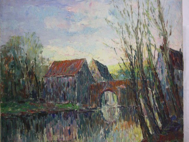 Bridge Over Water Oil On Canvas Signed Kiraval X Xth Oil Painting On Canvas Signed Kiraval X Xth 5 Probably 40/50 Years Representing A Landscape Of Dimen photo furniture