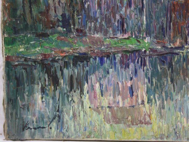 Bridge Over Water Oil On Canvas Signed Kiraval X Xth Oil Painting On Canvas Signed Kiraval X Xth 5 Probably 40/50 Years Representing A Landscape Of Dimen photo vintage