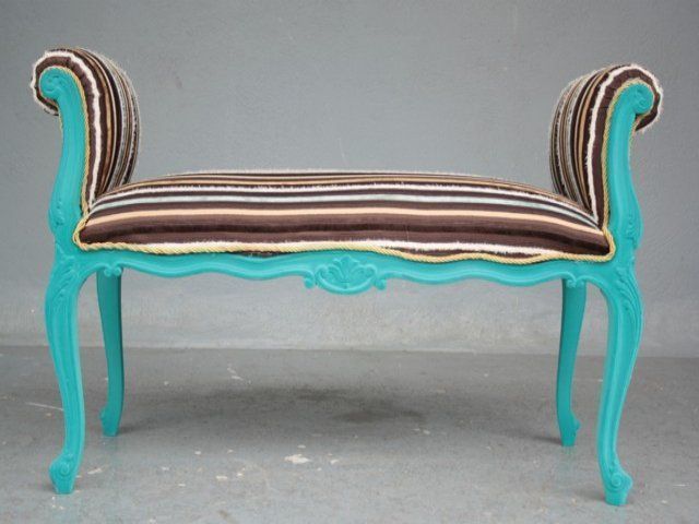 Decorative Bench Louis XV Style Flocked Cyan photo for sale