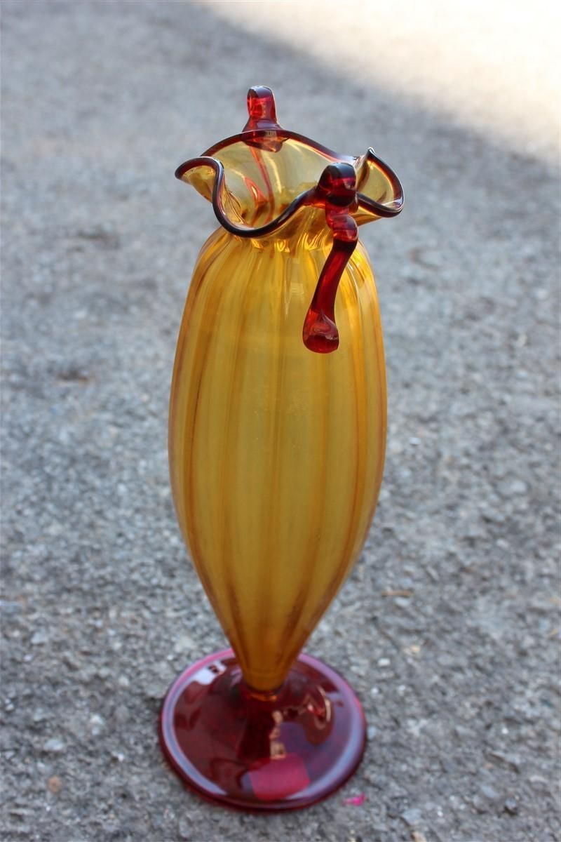 Yellow And Red Blown Murano Glass Vase 1950 Art Nouveau Italian Design photo vinterior