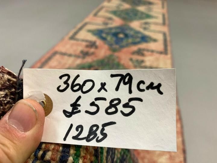 photo for sale Distressed Turkish Runner 360x79 Cm Wool Vintage Tribal Rug Pink Green