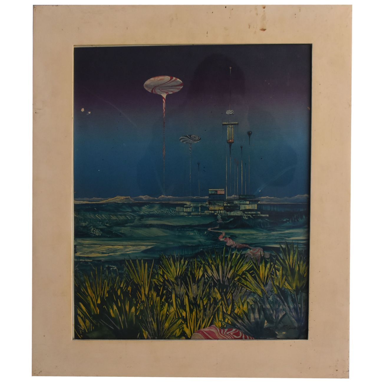 Abstract Painting Futuristic City Illegible Twentieth Signature