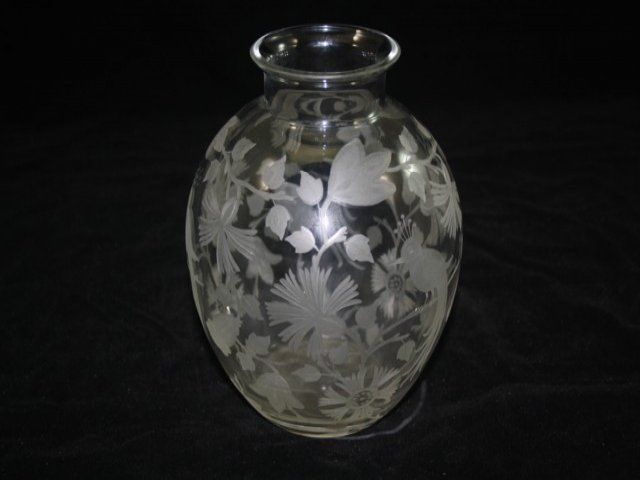photo vintage Kaza France Vase In Glass Engraved With Flowers