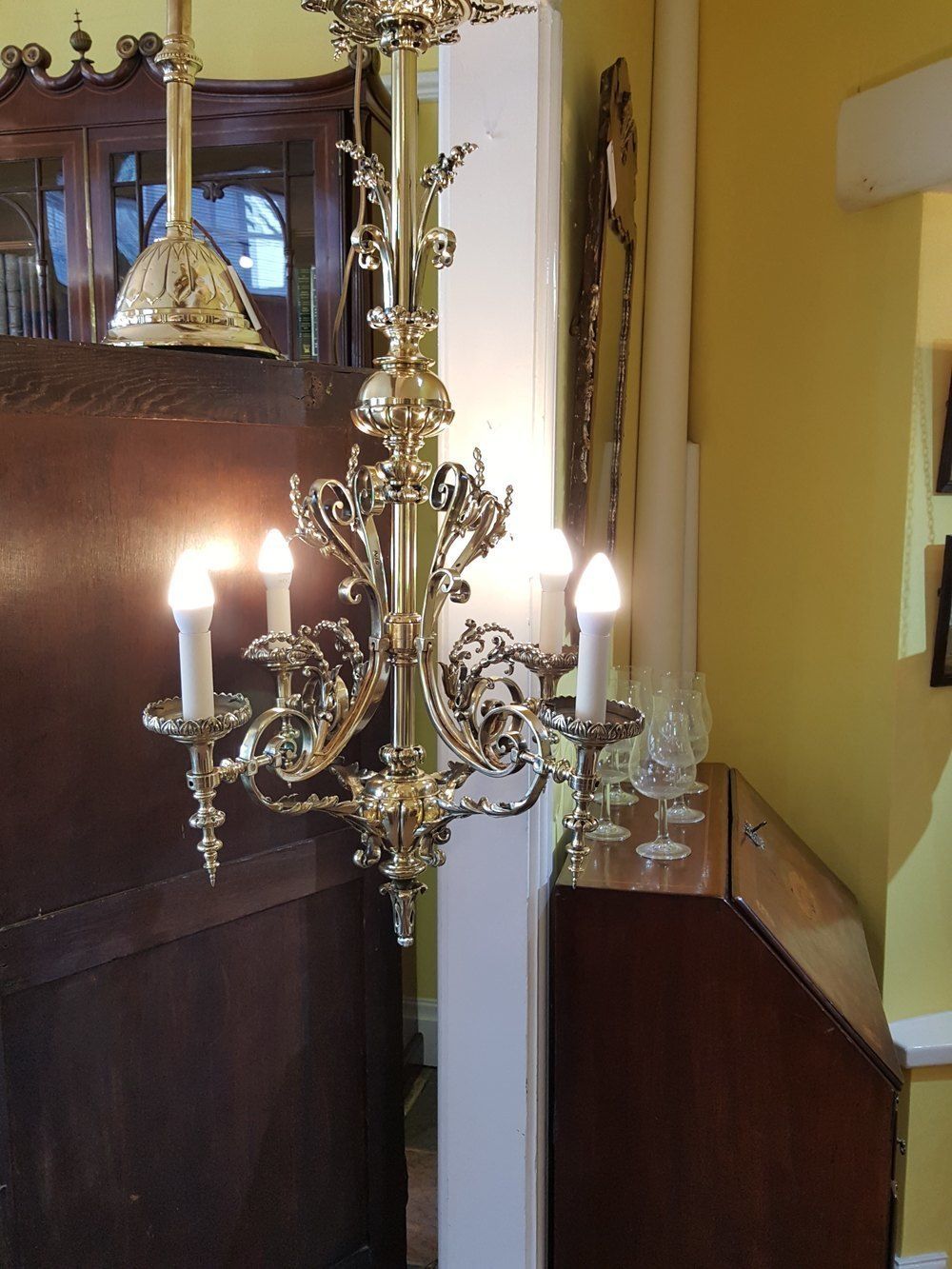 Late 19th C Brass Four Arm Chandelier photo 1450.0