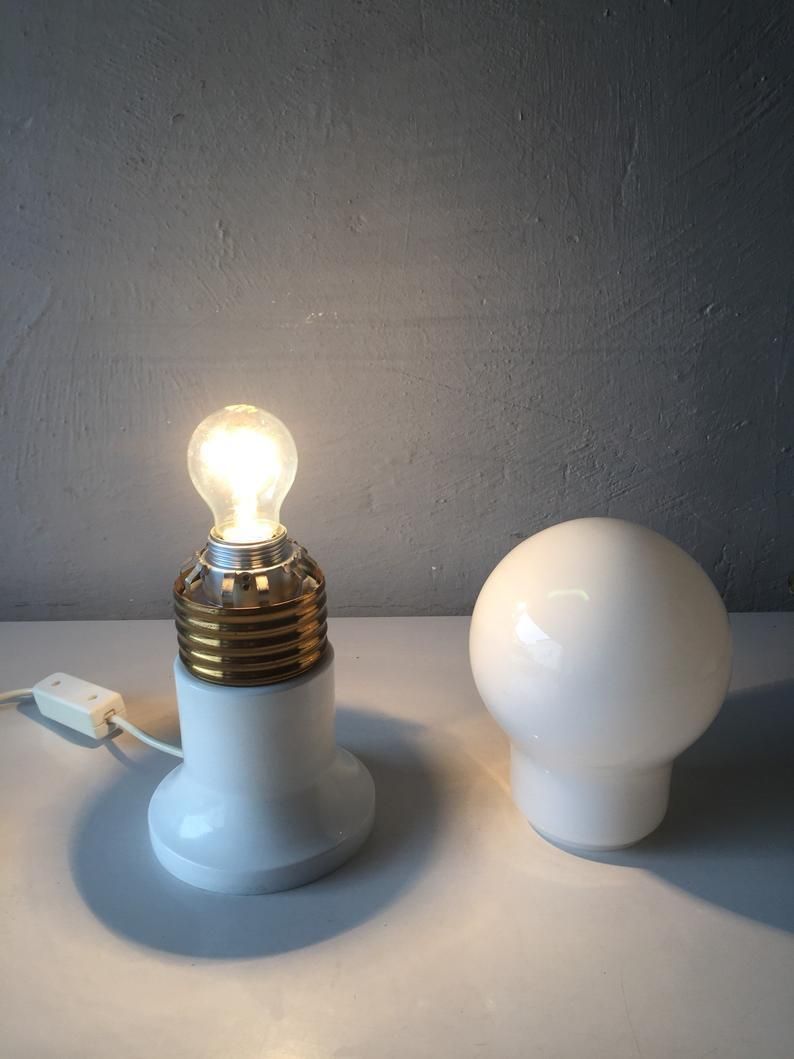 Pure Beauty 70s Milk Glass Bulb Table Lamp   White Metal And Brass Body   Made In Italy photo for sale