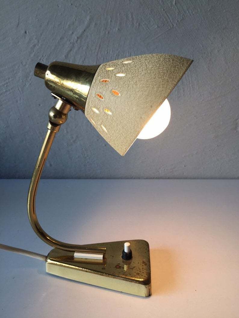 Mid Century Modern Night Lamp   Beige Metallic Crinkle Paint   Brass Neck And Top   One Bedside Lamp   50s Germany photo 85.56
