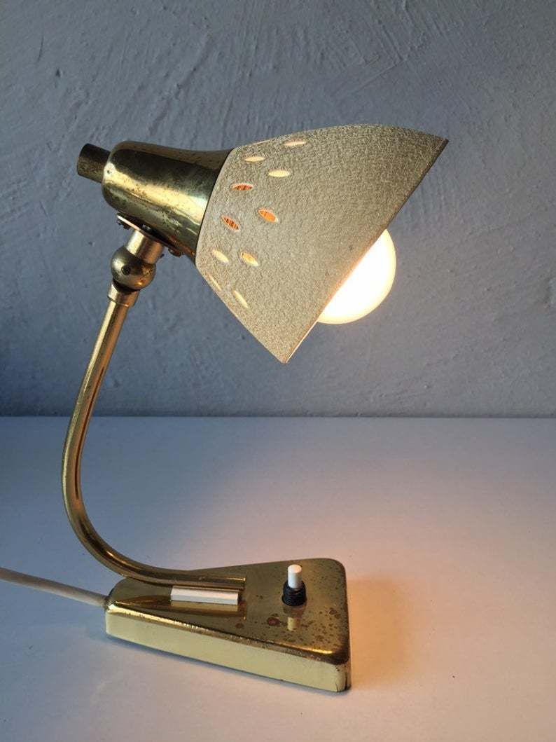 photo for sale Mid Century Modern Night Lamp   Beige Metallic Crinkle Paint   Brass Neck And Top   One Bedside Lamp   50s Germany