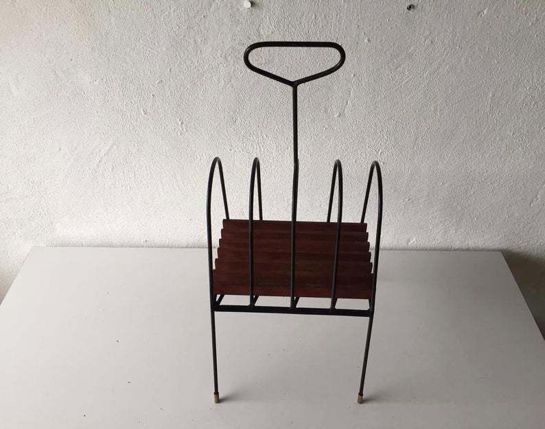 Mid Century Italian Magazine Stand With Handle   Black Metal & Wooden Body   1950s Italy photo for sale