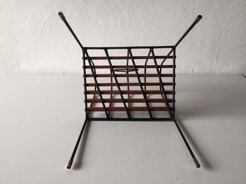 Mid Century Italian Magazine Stand With Handle   Black Metal & Wooden Body   1950s Italy photo 849.4