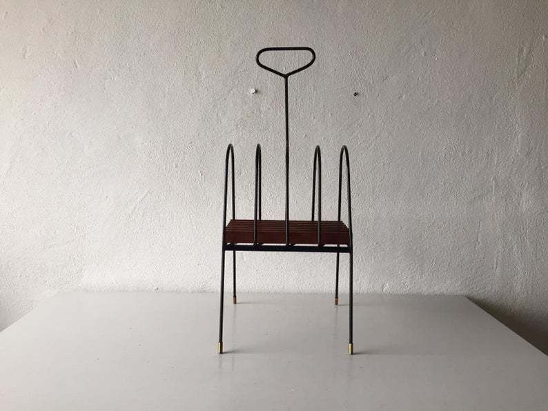 photo for sale Mid Century Italian Magazine Stand With Handle   Black Metal & Wooden Body   1950s Italy