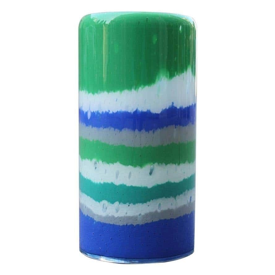 Multi Color Cylinder Vase Murano Glass Italian Design With Horizontal Bands