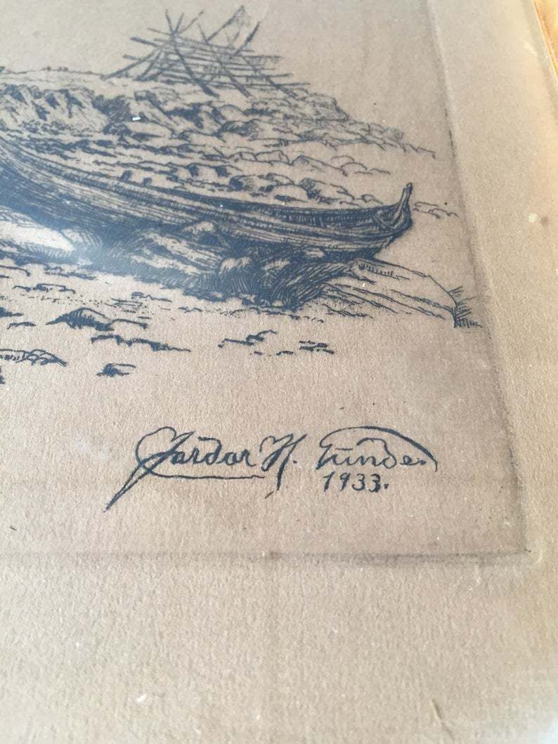 30s Pencil Drawing Danish Art Painting   Antique Illustration   Signed By Artist   Gammel Naustan Seaside Panorama photo 1357.8