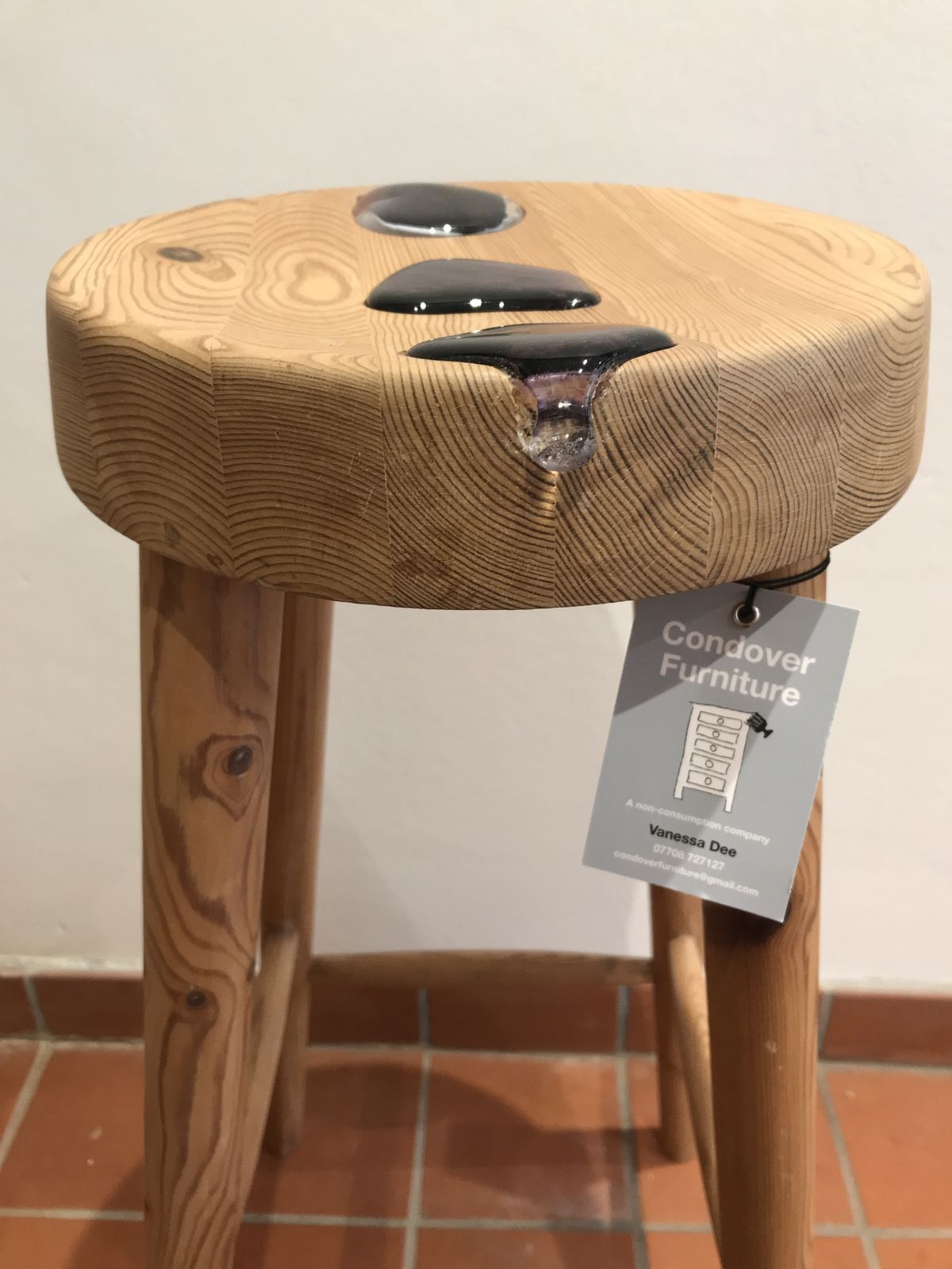 Unique Upcycled Painters Stool Accented With 3 Glass 'Pebbles' photo Furniture