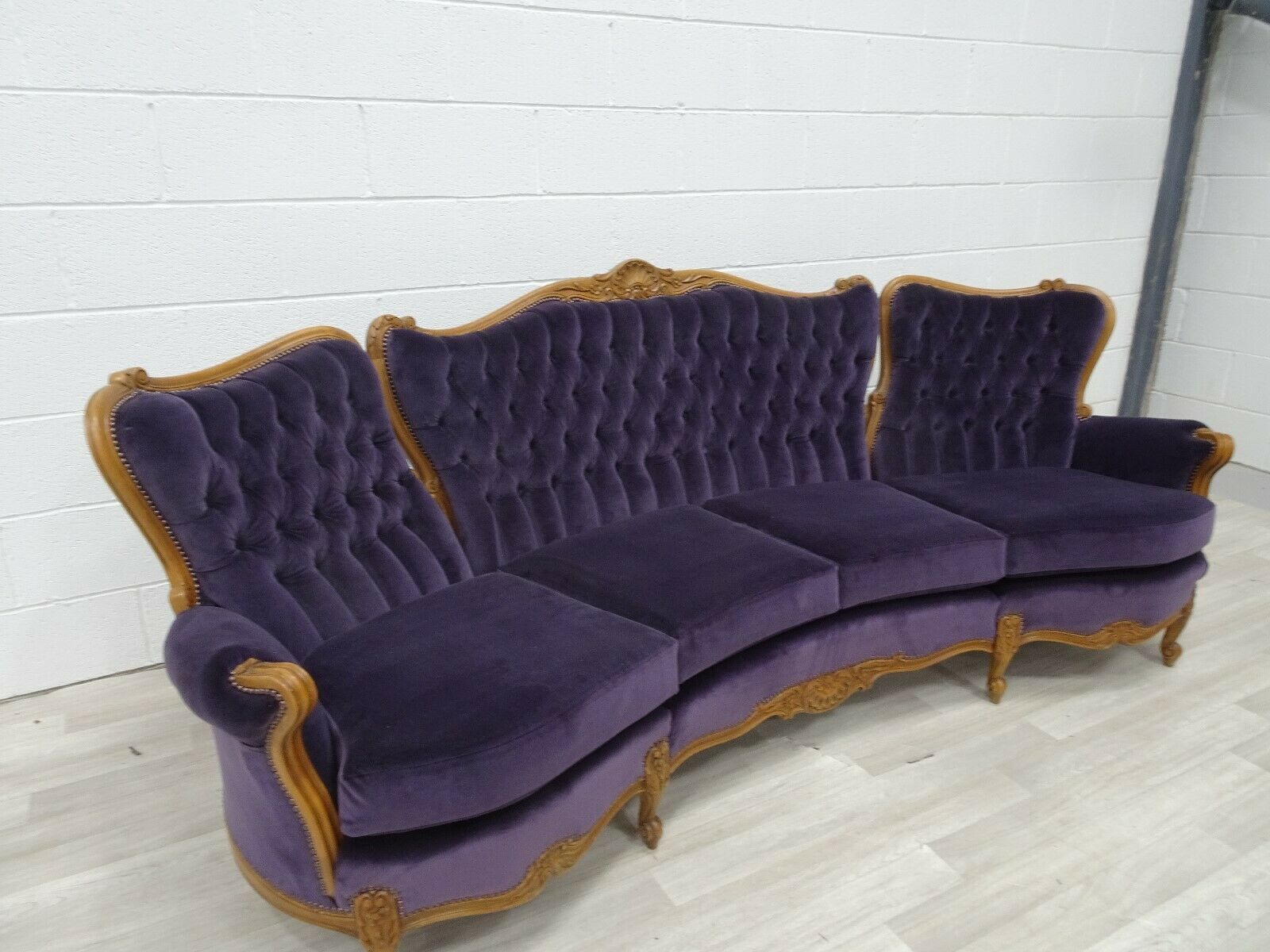Beautiful Carved French Baroque Curved Sofa In Luxurious Lilac Velvet photo furniture