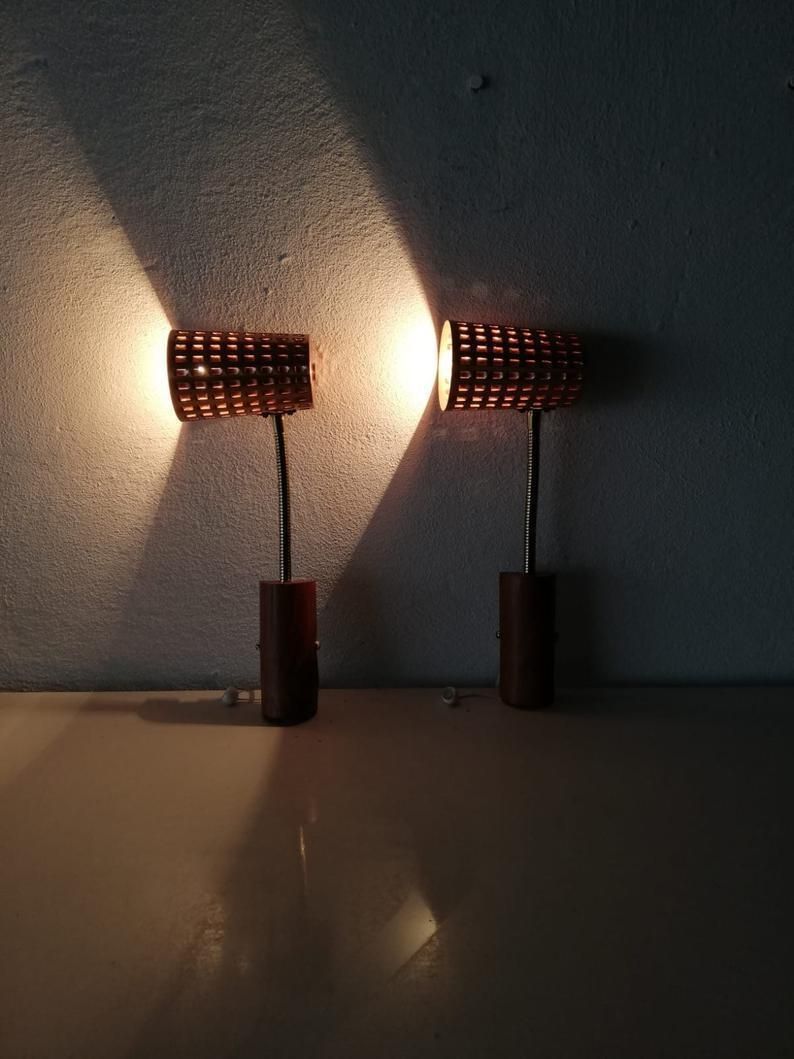 Mid Century Copper & Teak Pair Of Sconces   Scandinavia 1950s photo vintage