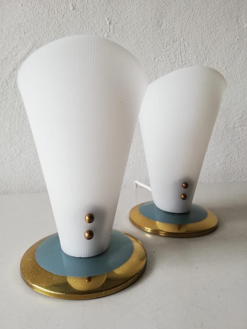 50s Curved Hard Plastic Lampshade Pair Of Beautiful Table Lamps   Blue & Brass Metal Base   Germany photo Lighting