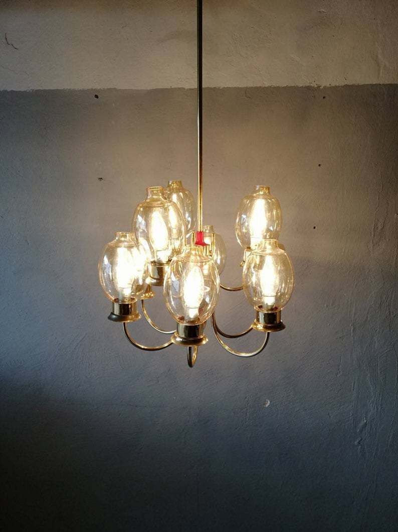 Magnificent Full Brass Body 9 Armed Chandelier   Glass Lampshades   Red Plastic Details   Mid Century Modern   Germany photo furniture