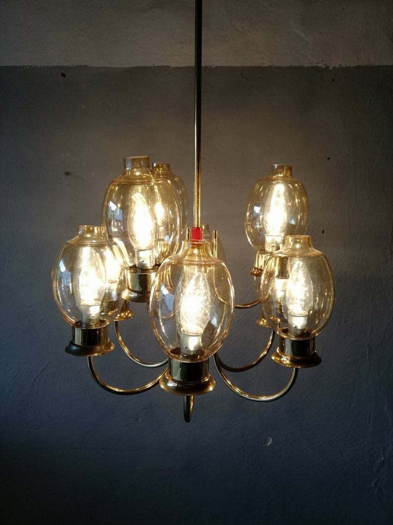 Magnificent Full Brass Body 9 Armed Chandelier   Glass Lampshades   Red Plastic Details   Mid Century Modern   Germany photo vintage