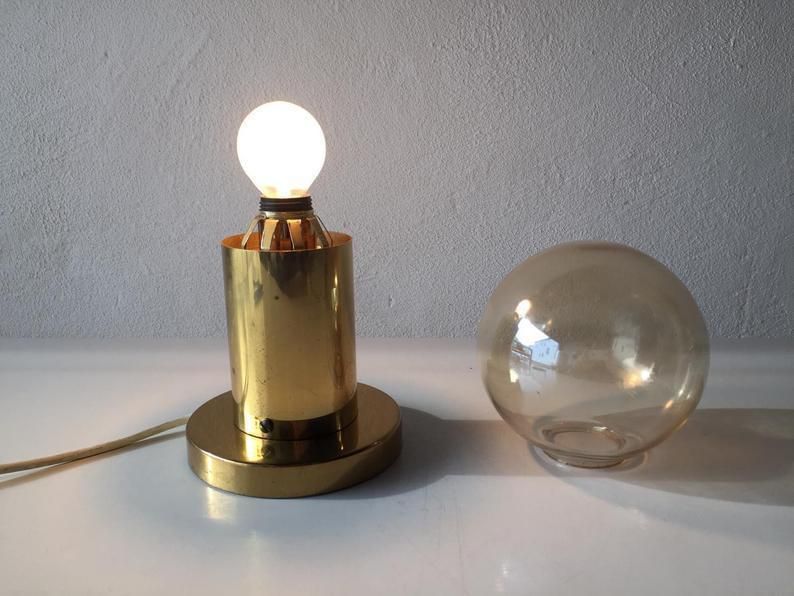 1970s Scandinavian Design Modern Rare Brass & Smoke Globe Glass Table Lamp By Hans Agne Jacobsson photo vinterior