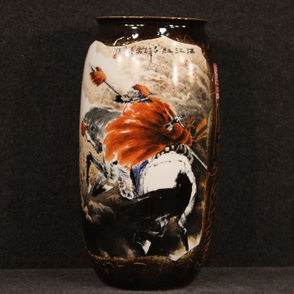 Chinese Painted Ceramic Vase With Warrior On Horseback photo for sale