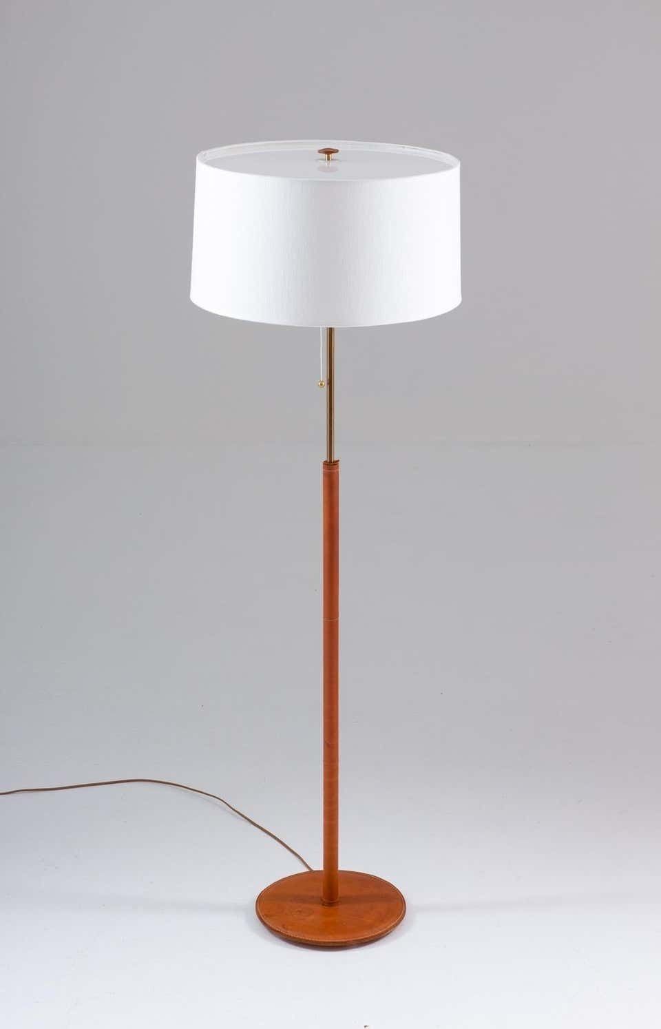 Scandinavian Midcentury Floor Lamp In Brass And Leather By Bergboms, Sweden photo for sale