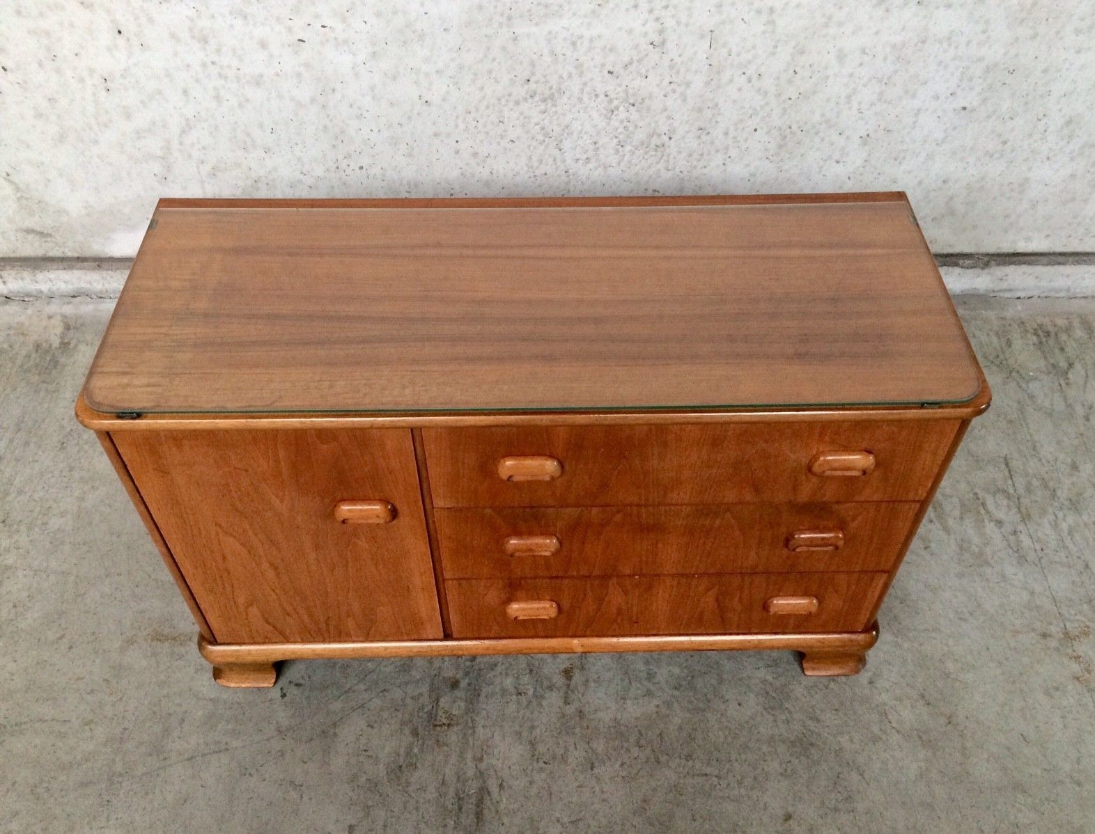 Midcentury Modern Design Maple Sideboard W Glass Top 1950s photo for sale