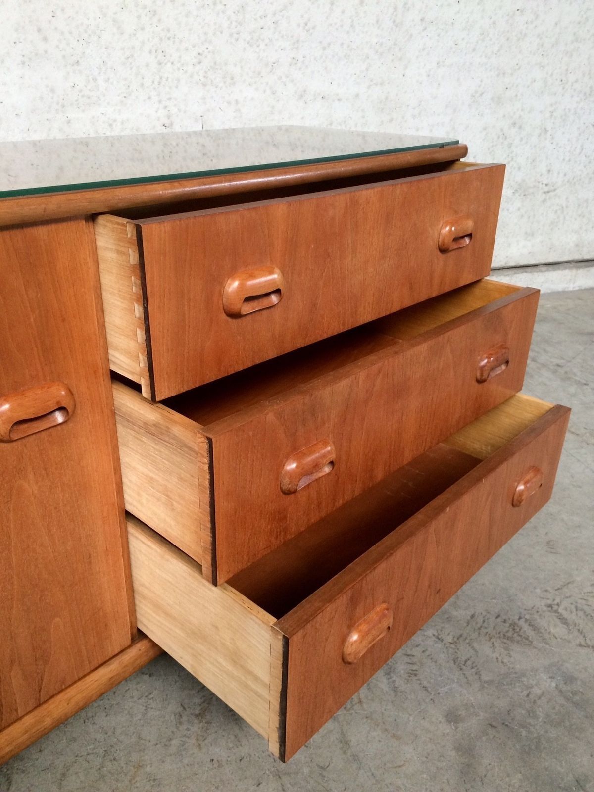 photo for sale Midcentury Modern Design Maple Sideboard W Glass Top 1950s