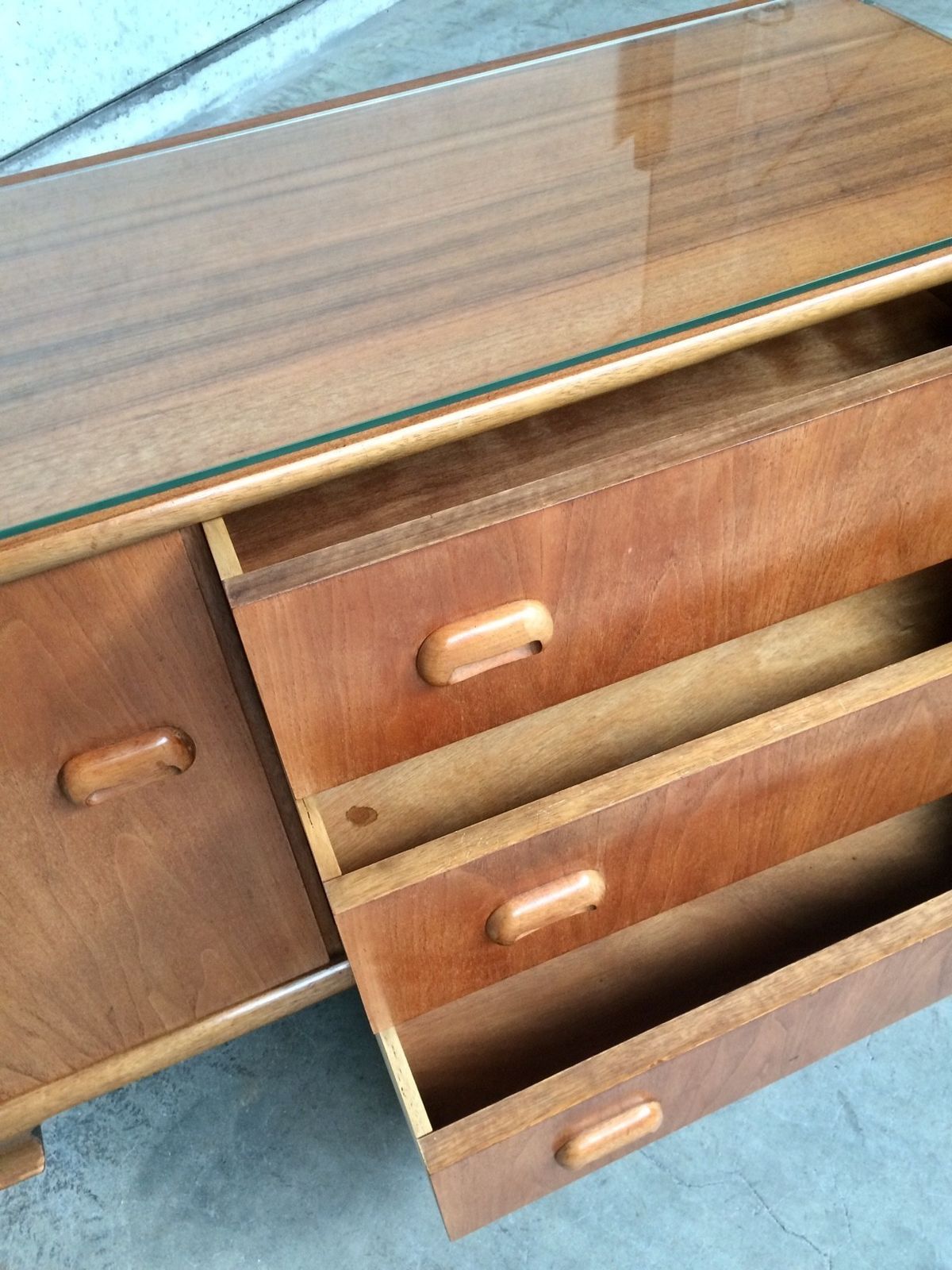 photo buy Midcentury Modern Design Maple Sideboard W Glass Top 1950s