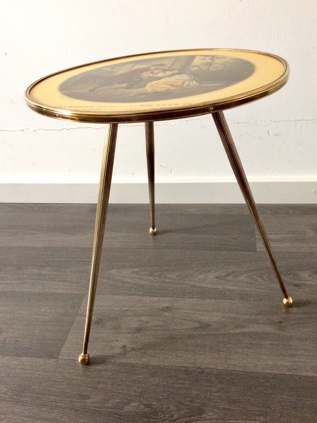 Italian Design Brass Tripod Side Table W Printed Top 1950s photo 372.0