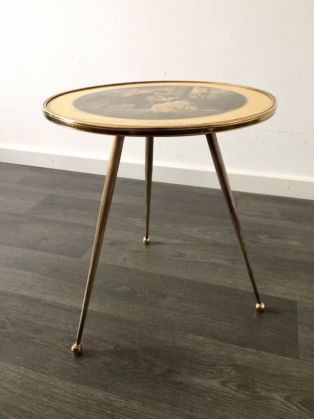 Italian Design Brass Tripod Side Table W Printed Top 1950s photo buy