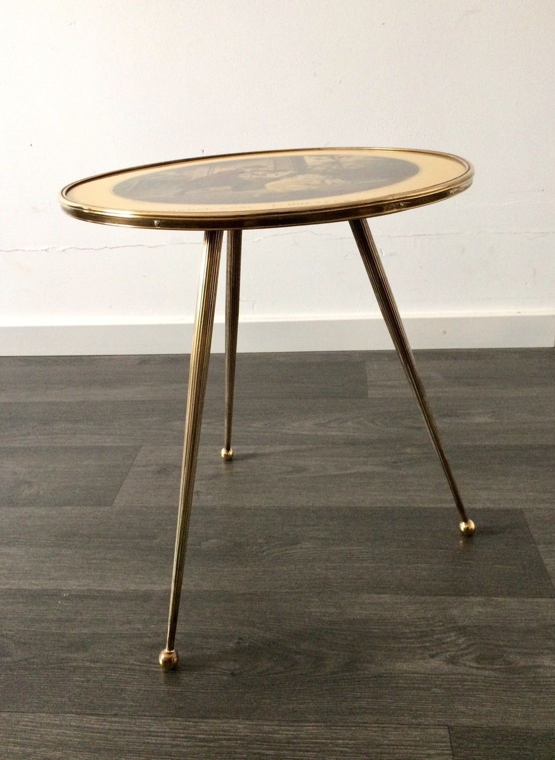 Italian Design Brass Tripod Side Table W Printed Top 1950s photo vintage