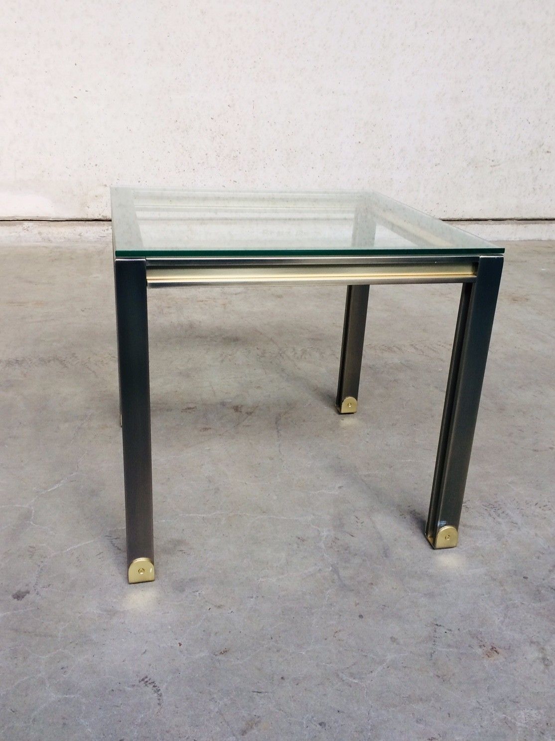 Post Modern Design Brushed Steel & Brass Square Coffee Table, 1980s Belgium photo Furniture